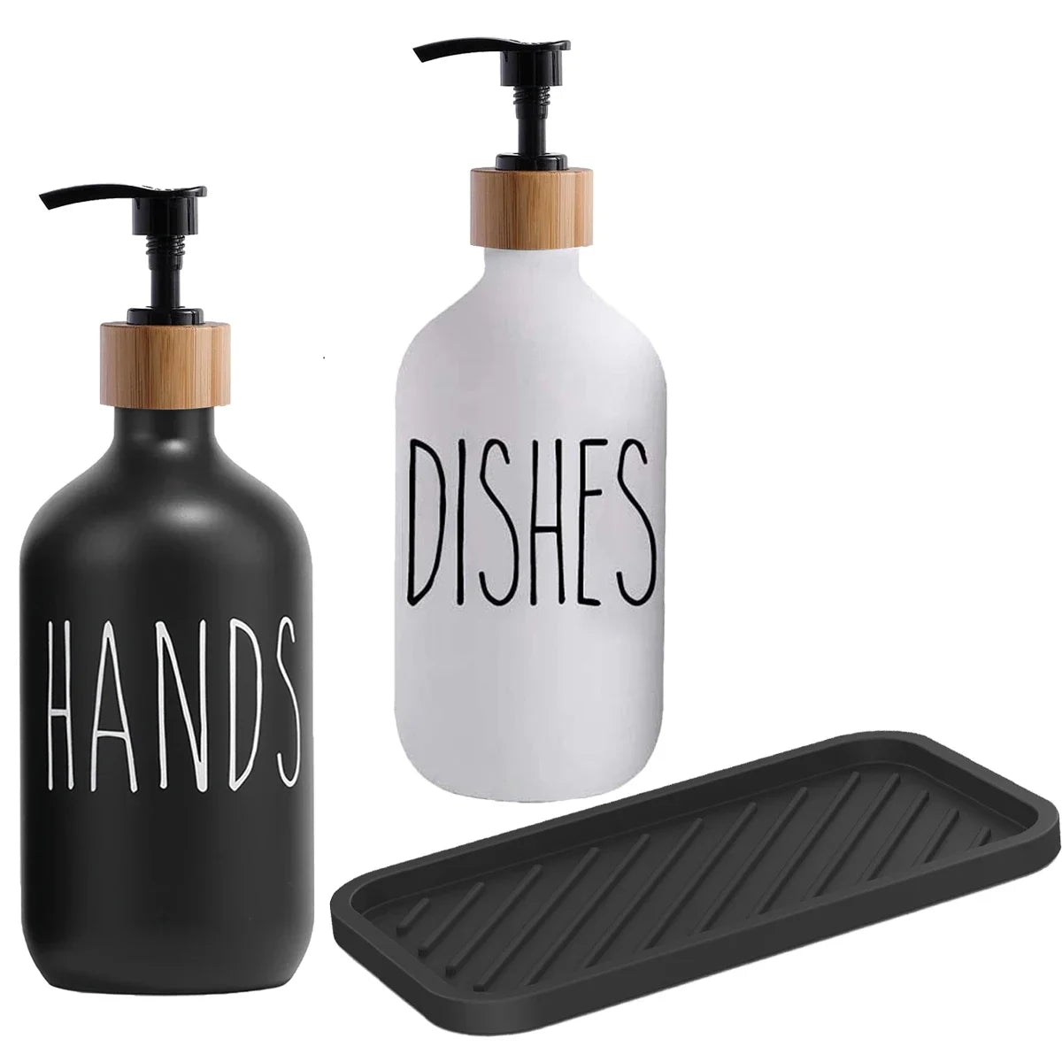 2Pcs 500ml Hand Dish Soap Dispenser Empty Pump Bottle, Farmhouse Kitchen Counter Decor Organization with Silicone OR Bamboo Try