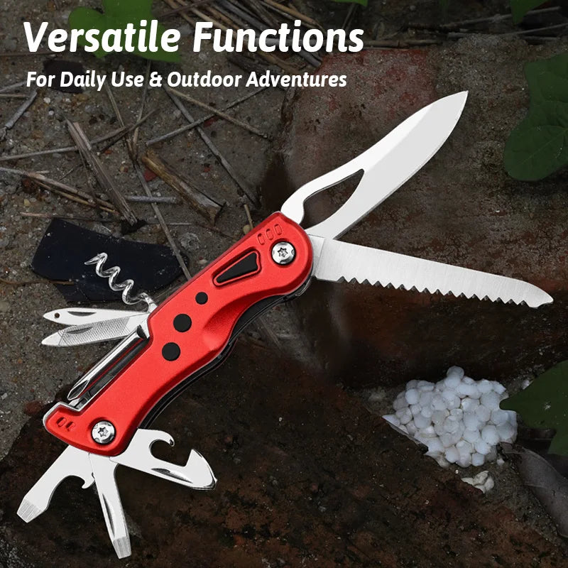 12-in-1 Multi-Tool Knife with LED Light Razor Sharp Stainless Blade Built-in Screwdrivers Bottle Opener Compact EDC for Survival