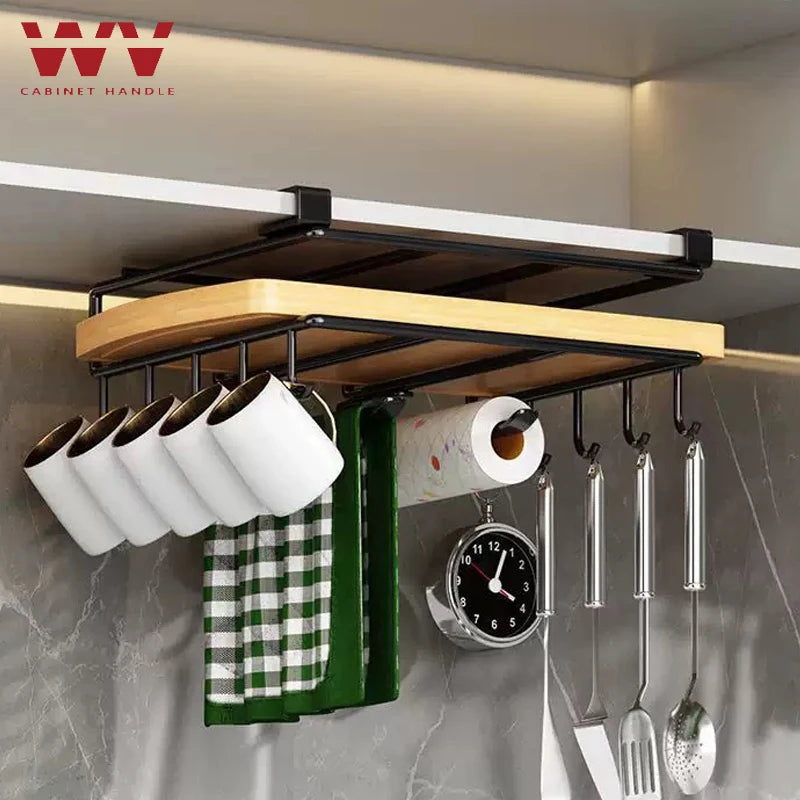 WV Kitchen Under Cupboard Hanging Organizer Rack with Hook Paper Towel Rags Hanger Cutting Board Pot Cover Holder Storage Shelf