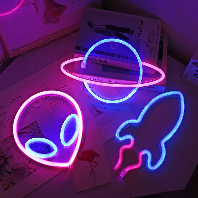 Space Neon Night Light Usb ET Planet Rocket Led Lights 3D Art Night Lights Lamp For Bedroom Wall Neon Led Strip AA Battry