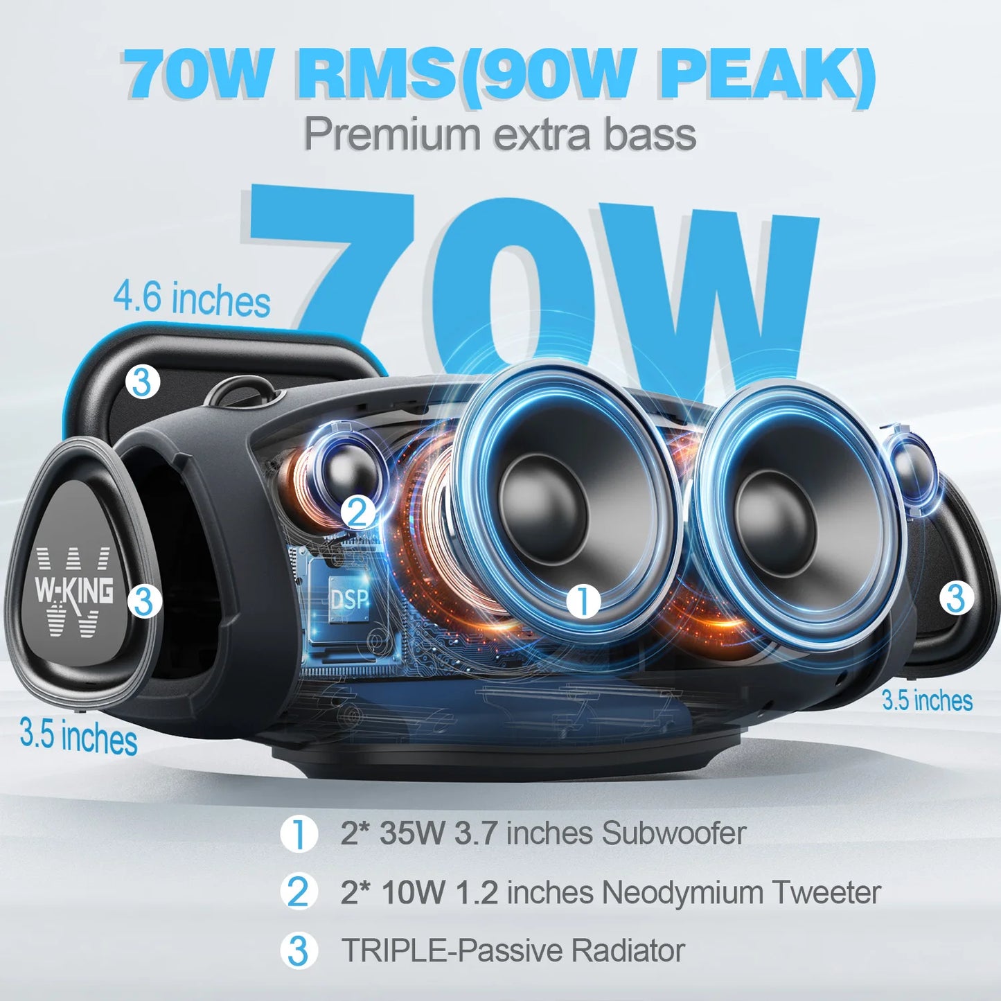 W-KING (120W PEAK)70W Portable Loud Bluetooth Speakers with Wireless Microphone,  Waterproof Outdoor Wireless Bluetooth