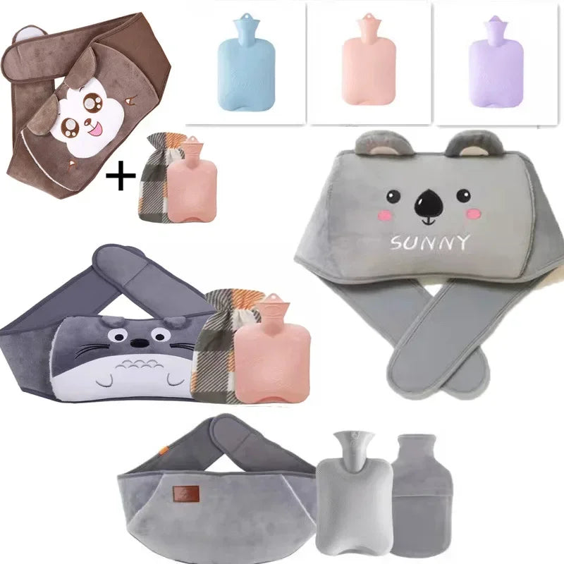3-Piece Set Hot Water Bag Filling Water Type Hot Water Bottle Cover Plush Animal Belt Winter Menstrual Women Belly Hand Warmer