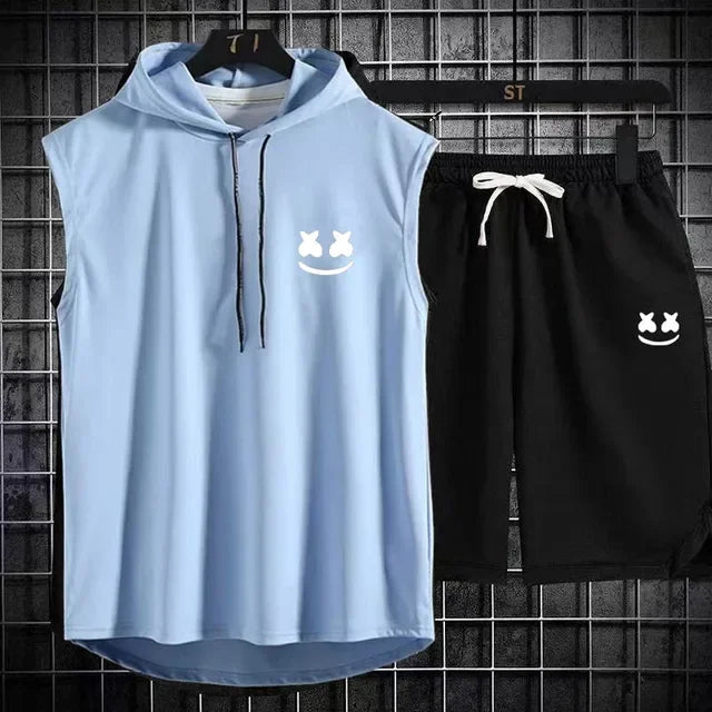 Brand Summer Men's Two Piece Set CasualT-Shirt and Shorts Set Mens Sports Suit Fashion Short Sleeve Tracksuit Hooded T-shirt