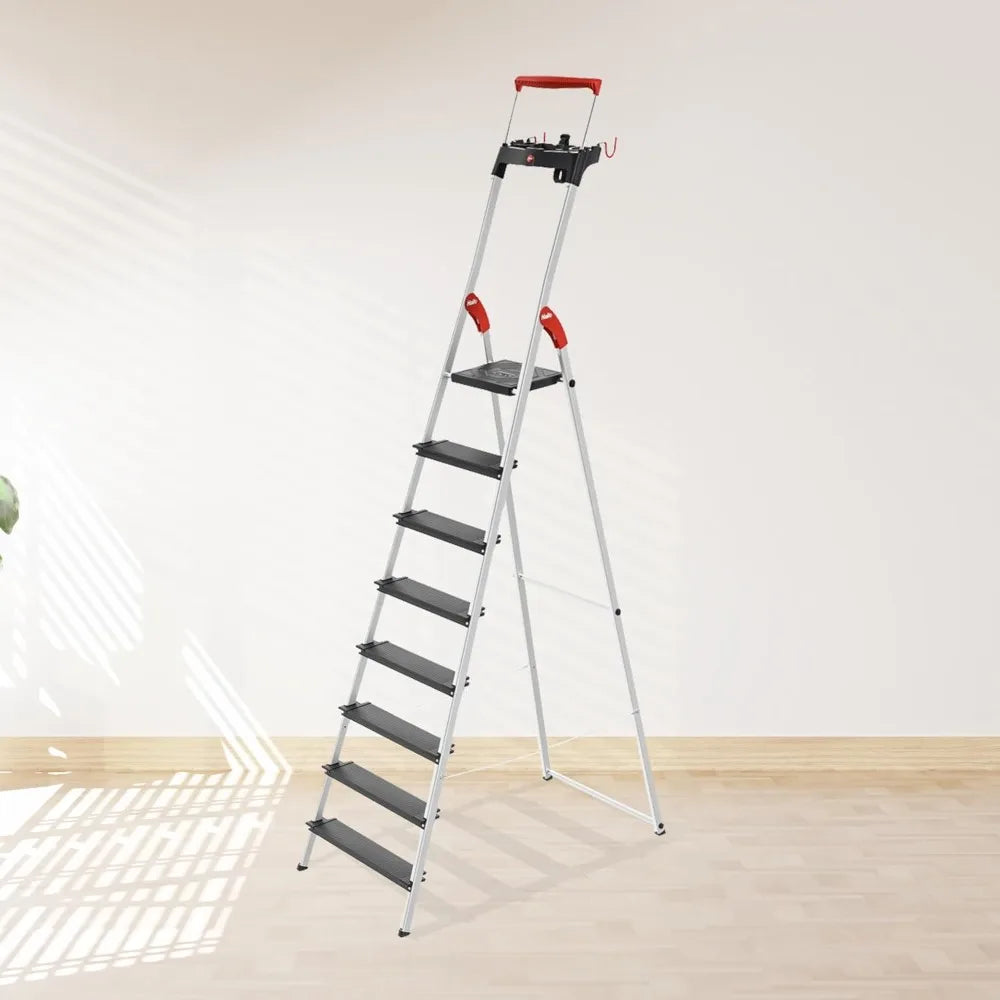Folding Step Ladder, Non-Slip 8 Step Ladder for Garage, Home & Kitchen, L100, Silver/Black