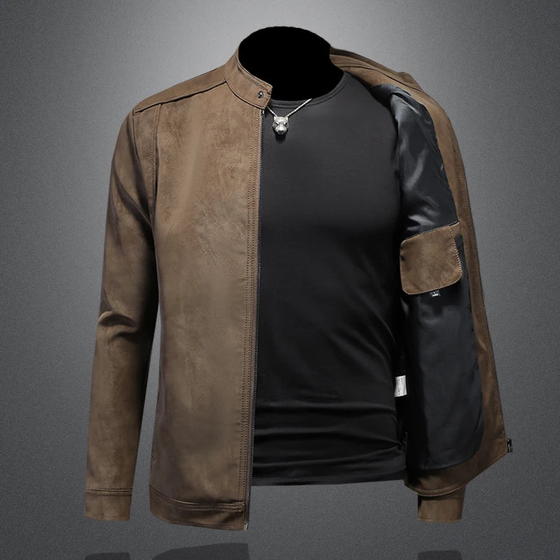 2025 new high-quality slim fit leather jacket, men's casual stand up collar motorcycle leather jacket,