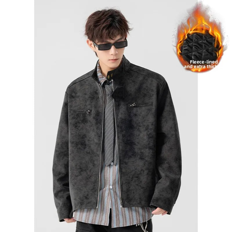 2025 New Winter Autumn Cotton-Padded Casual Leather Jacket Original Tie-Dye Front PU Leather Jacket Pilot Jacket Coat for Men