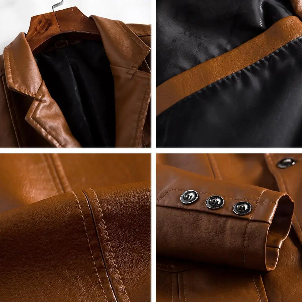 2024 Men's Leather Jackets Lapel Business Leather Jackets Men PU Blazers Korean Style Slim Men Fashion Leather Coat Outwear