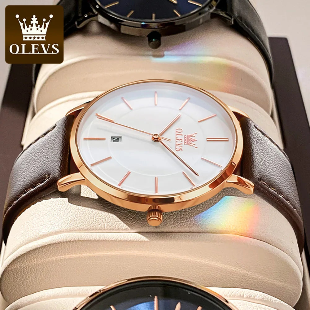 Top Brand OLEVS Ultra Thin 6.5mm Minimalist Fashion Quartz Watch for Men Leather Strap Auto Date Male Waterproof Mens Wristwatch