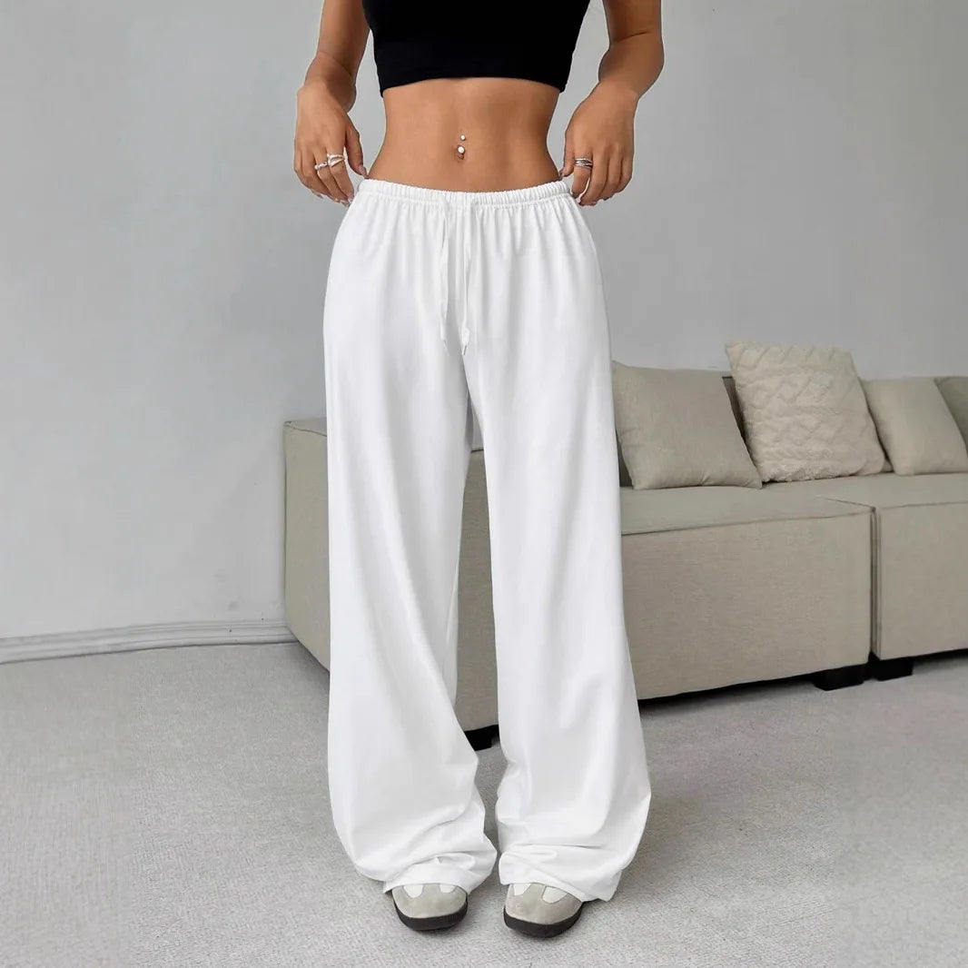 Elegant Solid High Waist Baggy Pants Fashion Women Loose Drawstring Pocket Wide Leg Pants Casual Sweatpant Streetwear Trousers