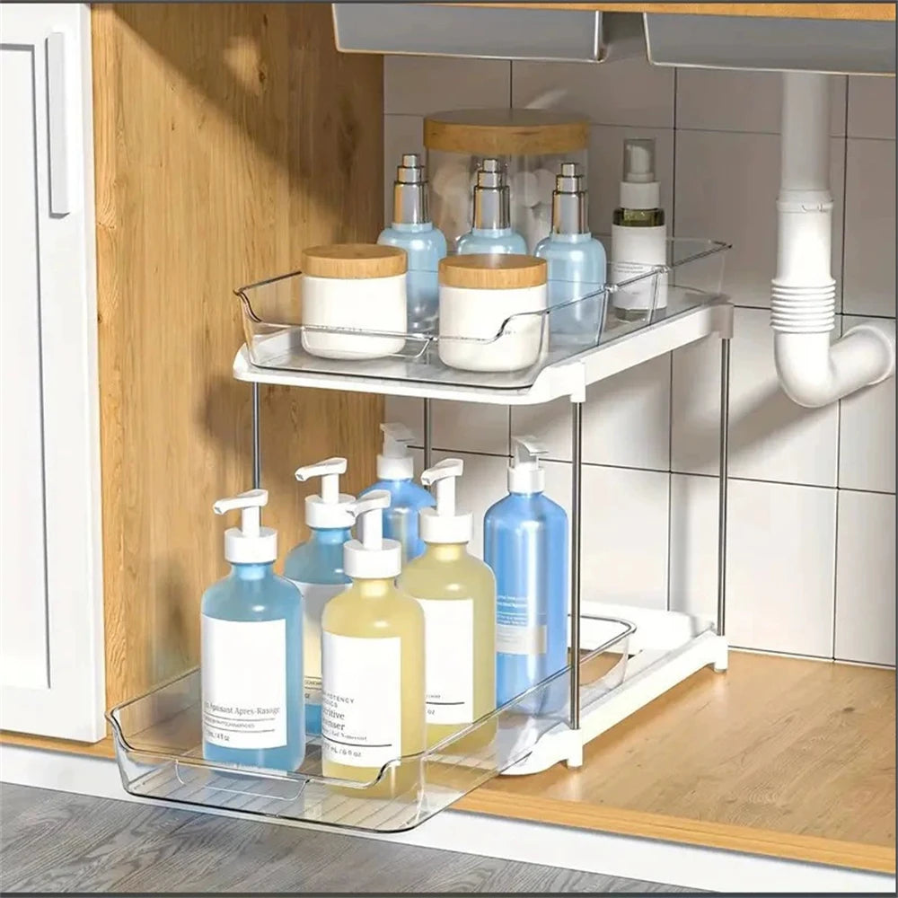 2-Tier Pull Out Under Sink Storage Shelf - Multi-Purpose Organizer for Bathroom Cabinet & Kitchen Pantry