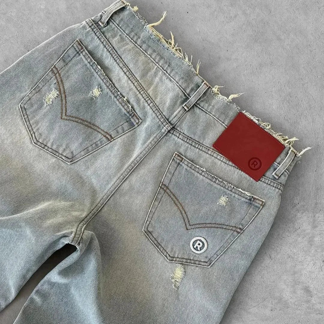 Straight Jeans Distressed Men Jean Ripped Holes Washed Denim Pants Ankle Length Loose Solid Zipper Fly Pockets Casual 2025