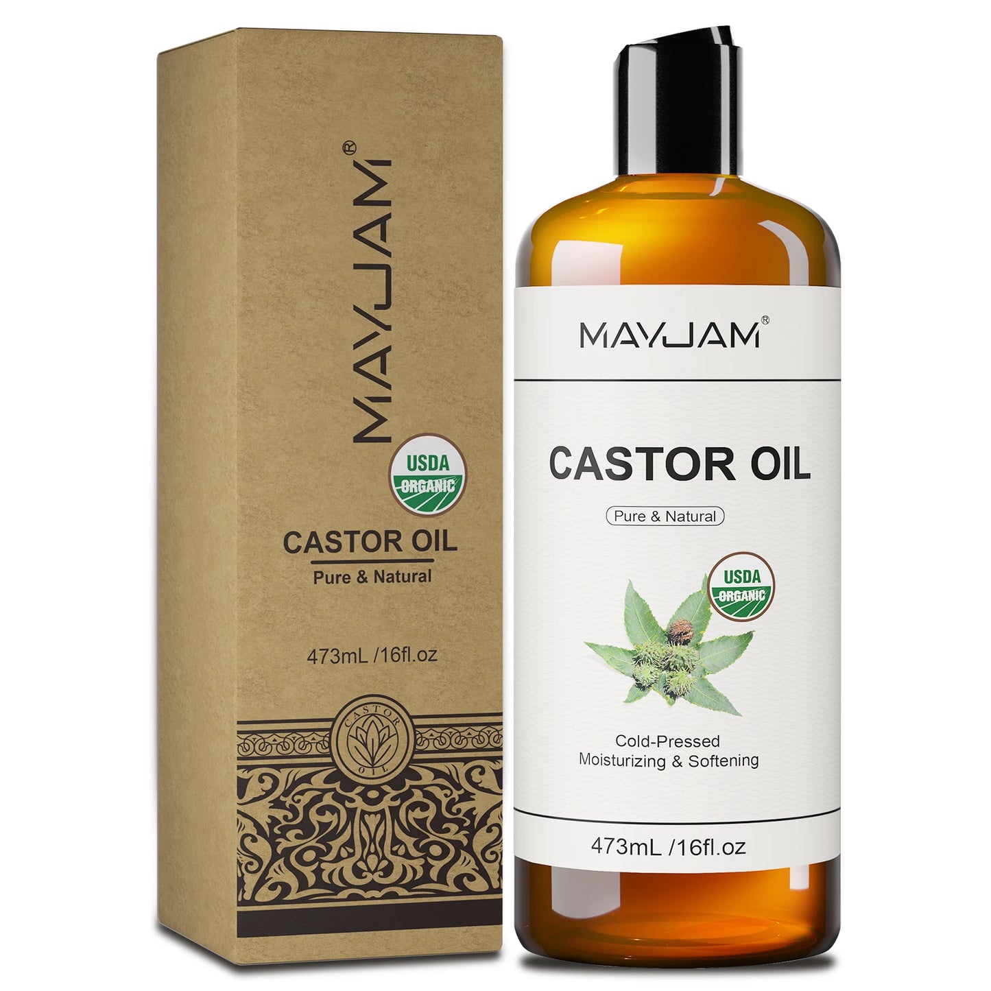 USAD Organic Castor Oil Cold Pressed Pure Natural Carrier Oil for Massage Boby Moisturizing Face, Hair, Skin & Eyelash Growth