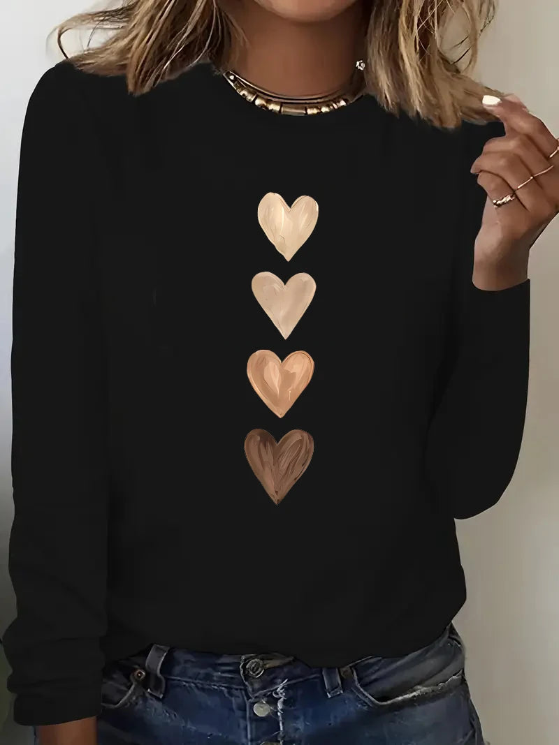 Fashion Gothic Love Heart Printed Long Sleeve Shirt Vintage T Shirt Women's  Print  T-Shirt Crew Neck Top Tee Tshirt Casual
