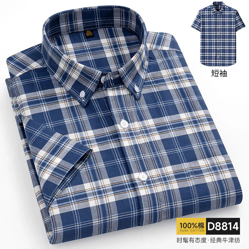 Summer 100% Pure Cotton Men Shirts Short Sleeve Dress Shirts Male Slim Social Business Blouse Solid Color Oxford Shirt 7XL 8XL