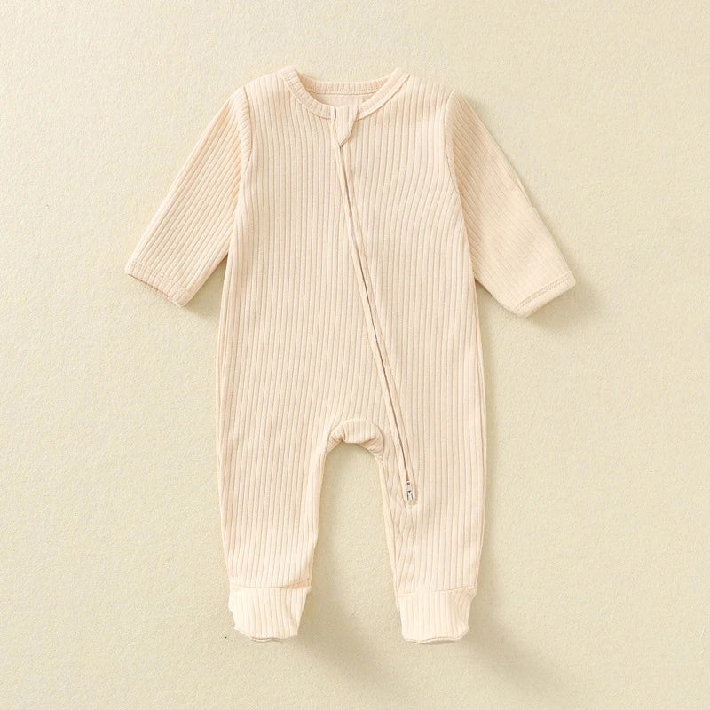 Baby Romper Long Sleeve Footed Cotton Zipper Front Outfit Spring Fall Newborn Unisex Ribbed Knitted Jumpsuit Pajamas Solid