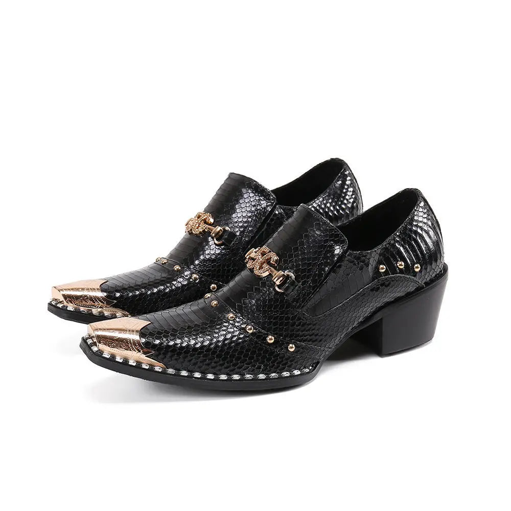 2025 New Men 's Business Casual Leather Snake Scale Pointed High Heel Trend Hair Stylist Leather Shoes
