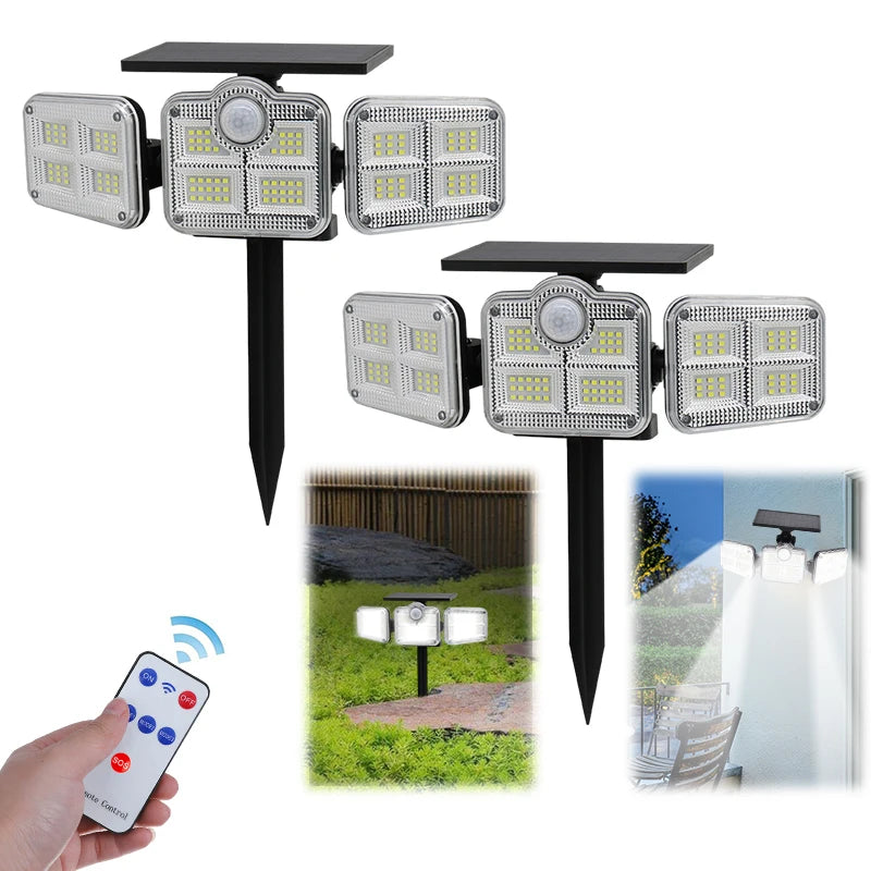 2pcs Outdoor 122 LED Solar SpotLight Security Light Remote Control 3 Heads Motion Sensor Wide Angle Flood Wall Light 3 Modes