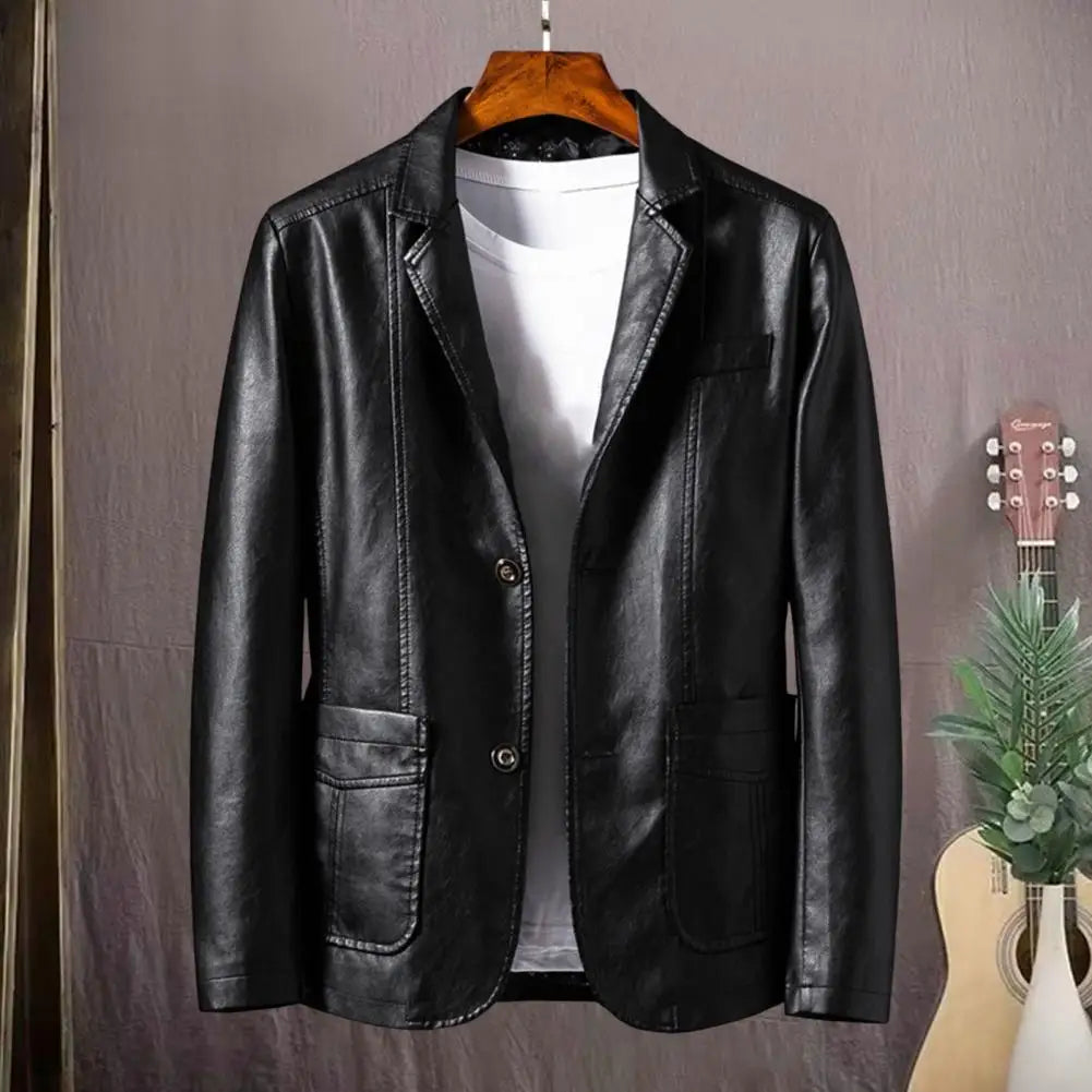 2024 Men's Leather Jackets Lapel Business Leather Jackets Men PU Blazers Korean Style Slim Men Fashion Leather Coat Outwear