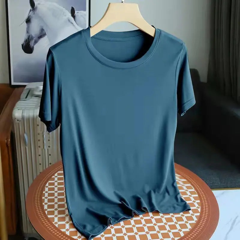 Fashion 2025 New Korean Women's Modal ONeck Short Sleeve T-Shirt Coffee Solid Color Casual Summer Lady Clothing Tee Basic Top