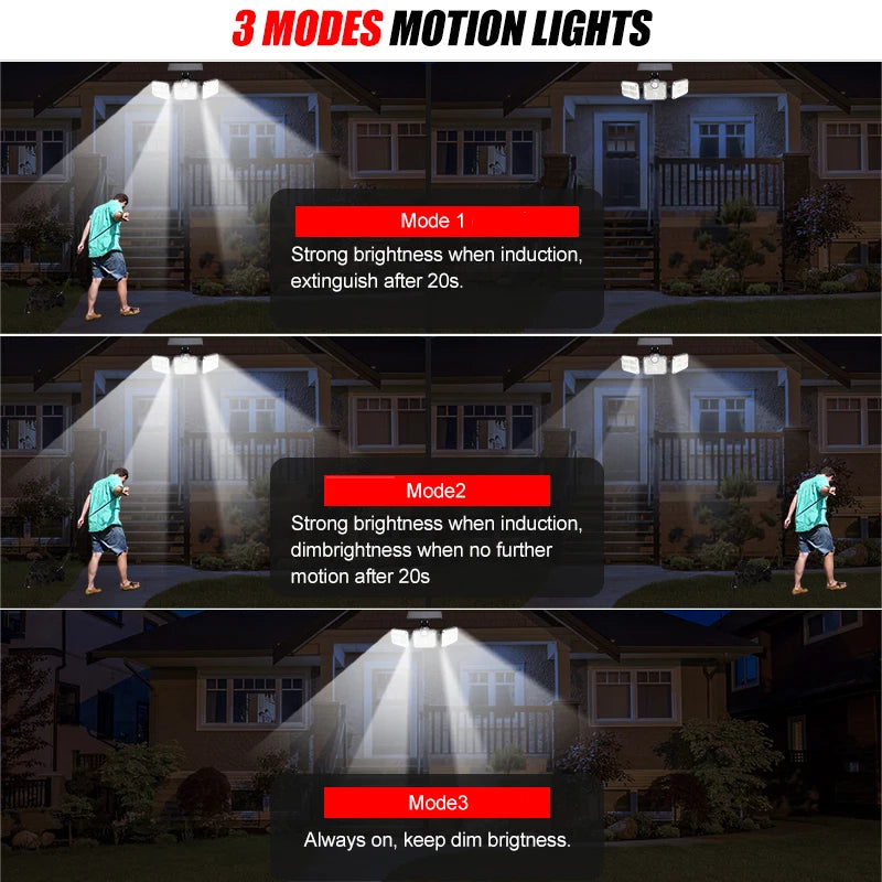 2pcs Outdoor 122 LED Solar SpotLight Security Light Remote Control 3 Heads Motion Sensor Wide Angle Flood Wall Light 3 Modes
