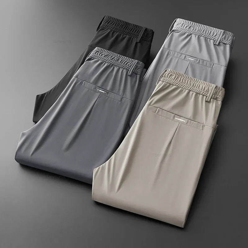 Ultra-thin Elastic Men's Casual Trousers Summer Quick-drying Ice Silk Slim Straight Business Solid Color Trousers Black Gray