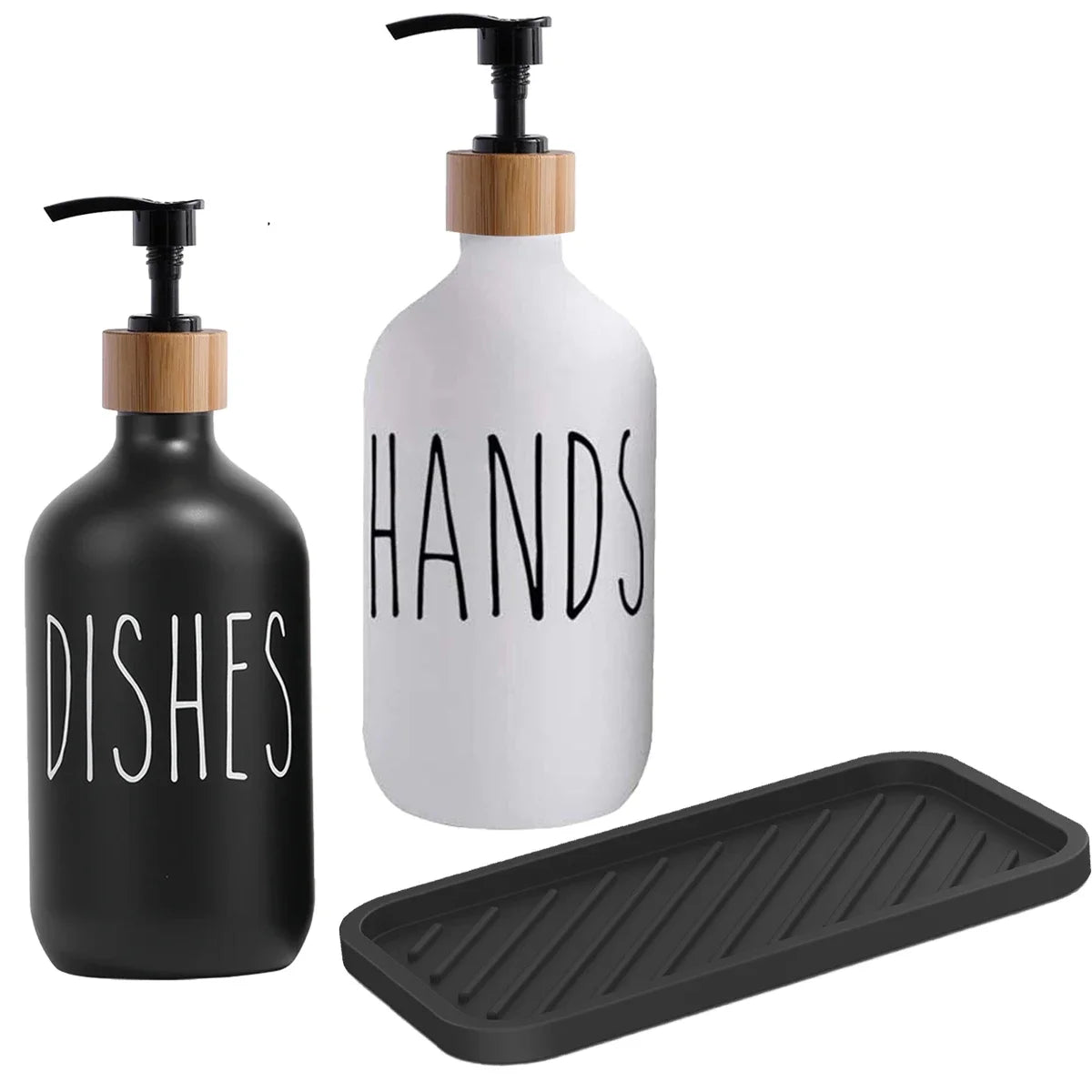 2Pcs 500ml Hand Dish Soap Dispenser Empty Pump Bottle, Farmhouse Kitchen Counter Decor Organization with Silicone OR Bamboo Try