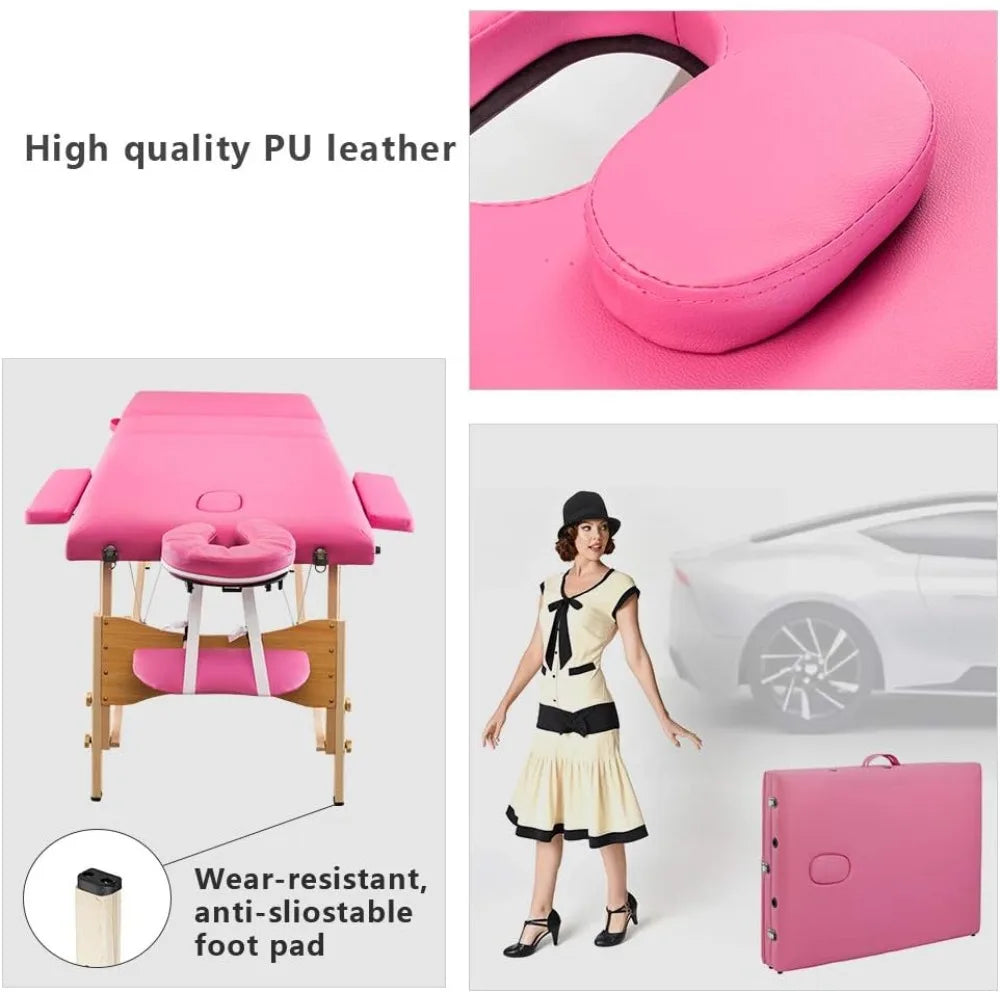 3 Sections Folding Portable Massage Table Set,Height Adjustable Body and Beauty Massage Bed,Spa Facial Salon Tattoo Bed