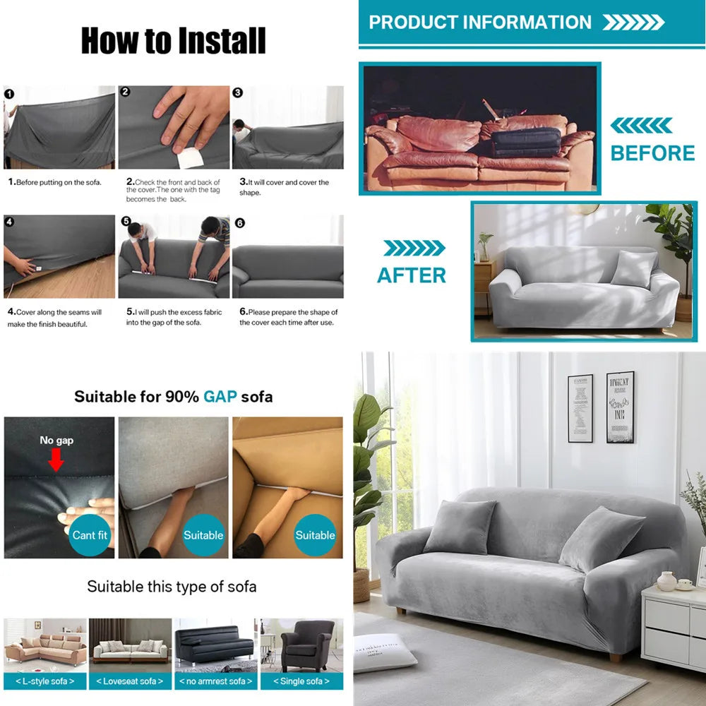 Velvet Sofa Cover Thick Elastic 1/2/3/4 Seater Sofa Cover for Living Room Velvet Plush L Shaped Corner Sofa Cover Couch Cover