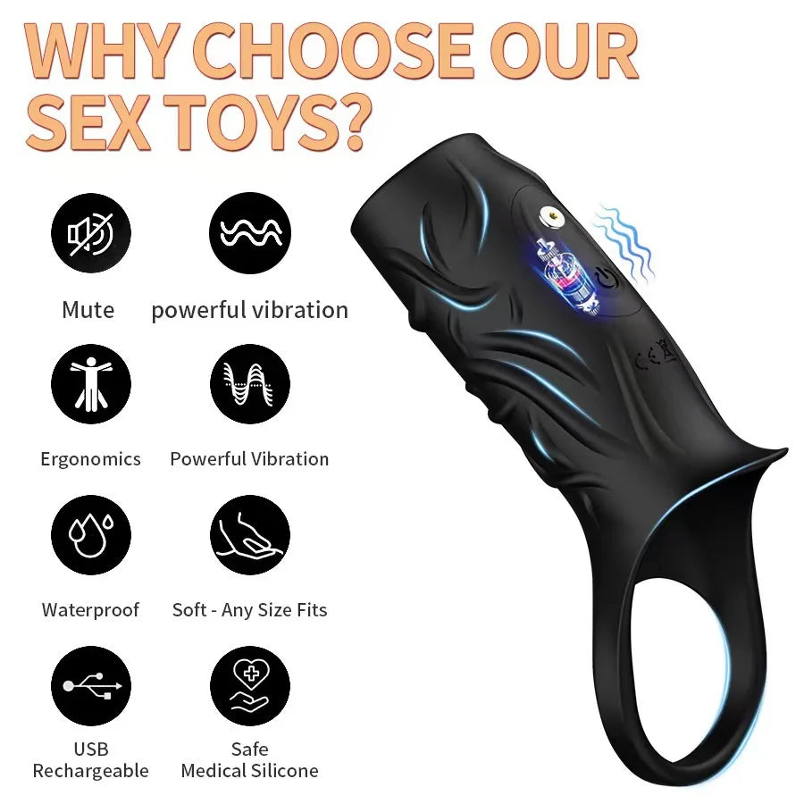 Vibrator Penis Sleeve Cock Ring Ejaculation Extender for Penis Testicles G Spot Stimulation Couples Adult Sex Toys for Men Women