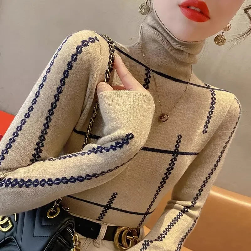 Women Commute Fashion Jacquard Turtleneck Sweaters Autumn Winter Temperament Elegant Elastic Slim Knitted Pullovers