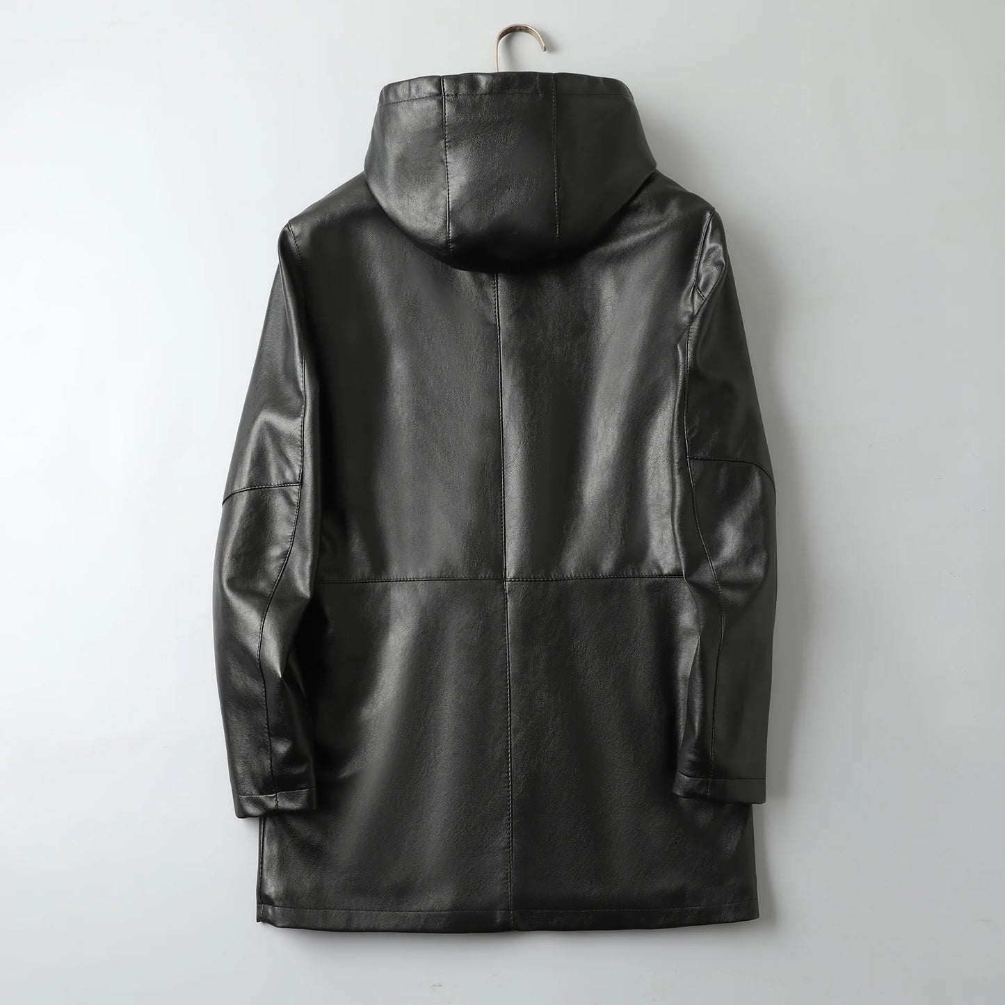 2023 Autumn/Winter New Mid length Hooded Men's Leather Jacket with Fleece and Thickened Business Casual Fashion
