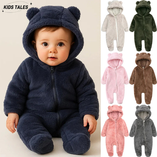 2025 Winter Baby Rompers Infant Fleece Bear Hooded Onesies Newborn Baby Boy Girl Zipper Jumpsuit Bodysuit Pyjamas