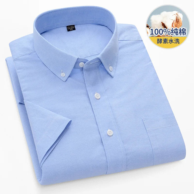 Summer 100% Pure Cotton Men Shirts Short Sleeve Dress Shirts Male Slim Social Business Blouse Solid Color Oxford Shirt 7XL 8XL