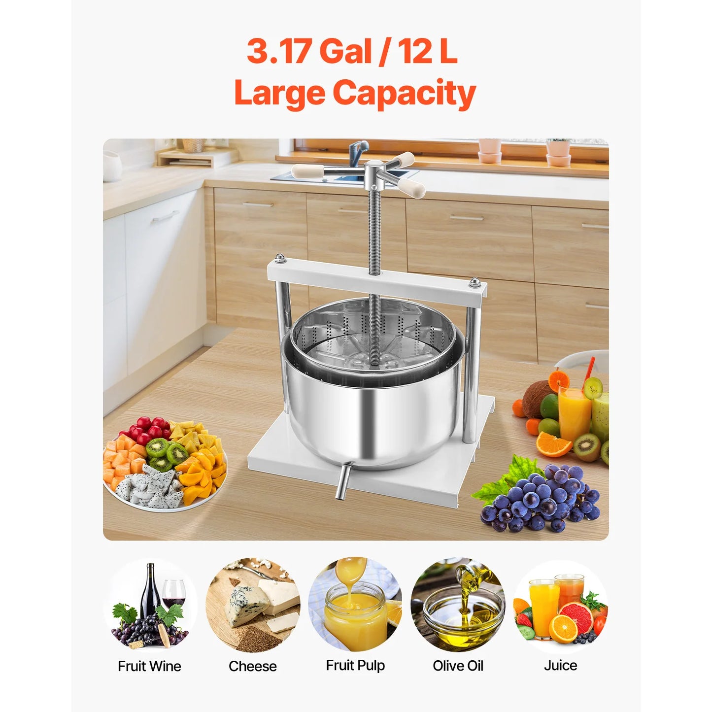 VEVOR 5L/12L Manual Fruit Wine Press Maker Stainless Steel Household Nature Vegetables Juice Making Machine for Home Kitchen