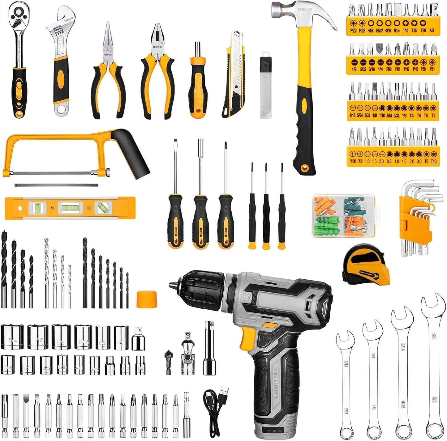 Tool Kit Box Drill Set：Home Mechanic Toolbox with 12V Power Cordless Drill Hand Repair Tools Sets Combo Kits Storage