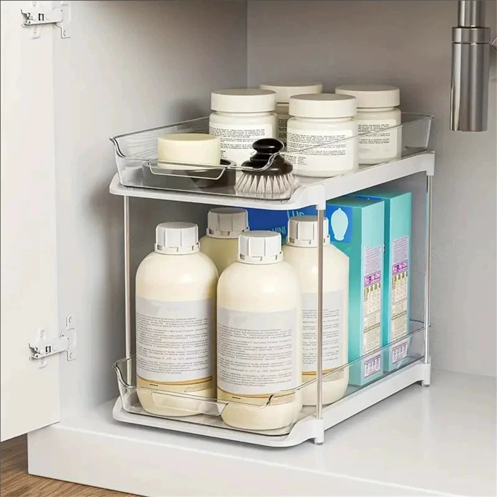 2-Tier Pull Out Under Sink Storage Shelf - Multi-Purpose Organizer for Bathroom Cabinet & Kitchen Pantry