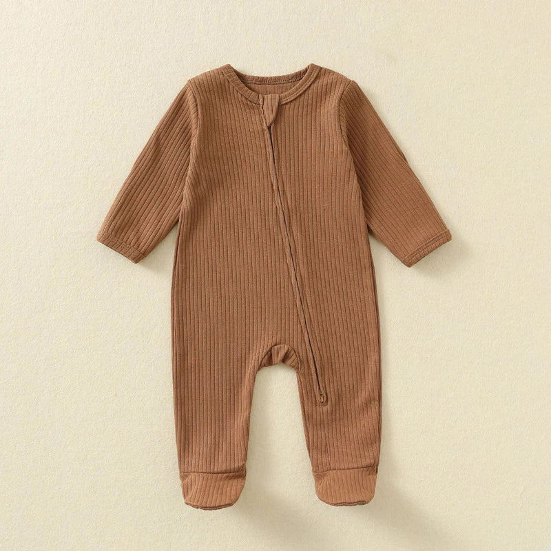 Baby Romper Long Sleeve Footed Cotton Zipper Front Outfit Spring Fall Newborn Unisex Ribbed Knitted Jumpsuit Pajamas Solid