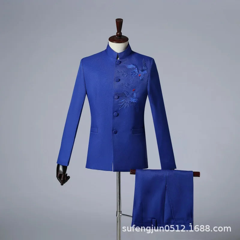 2025 New Men Chinese Style Embroidered Standing Collar Suit 2 Piece Fashion Homme Wedding Prom Party Performance Blazer and Pant