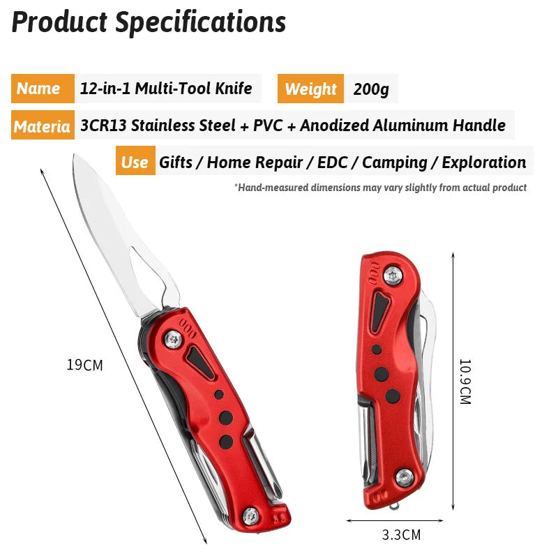 12-in-1 Multi-Tool Knife with LED Light Razor Sharp Stainless Blade Built-in Screwdrivers Bottle Opener Compact EDC for Survival