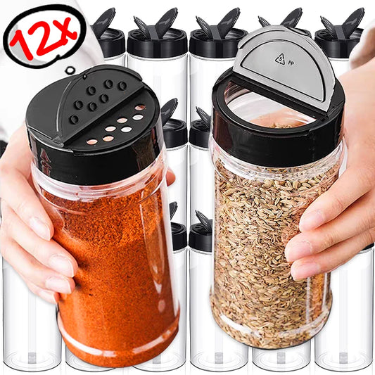 1/12x Plastic Spice Jars with Shaker Lids Transparent Safety Plastic Bottles for Home Kitchen Storing Spices Seasoning Powders
