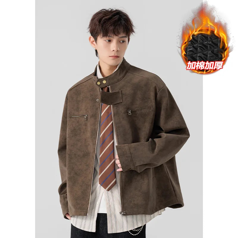 2025 New Winter Autumn Cotton-Padded Casual Leather Jacket Original Tie-Dye Front PU Leather Jacket Pilot Jacket Coat for Men