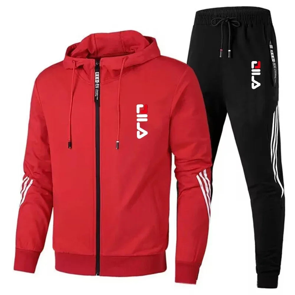 Spring and Autumn Fashion Men's fitness and sports set, featuring a hooded casual jacket and jogging pants in two pieces