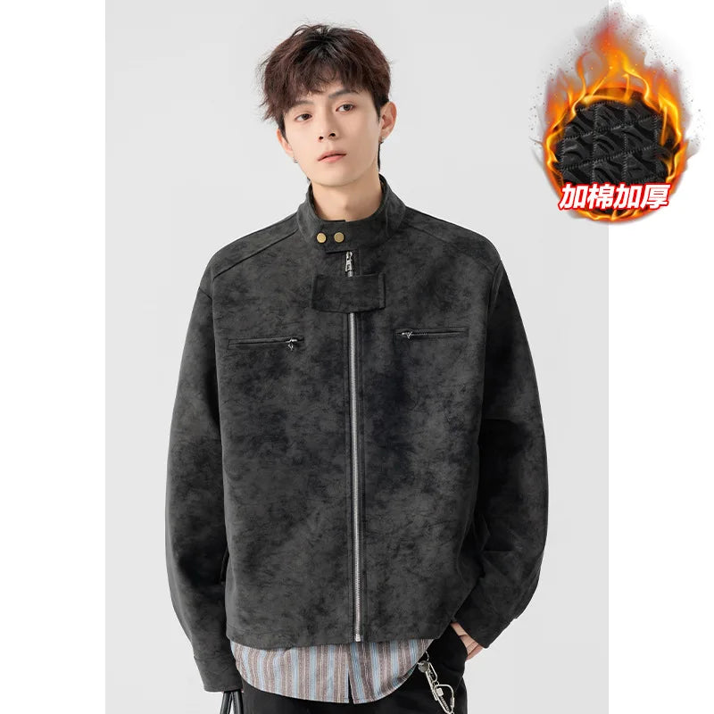 2025 New Winter Autumn Cotton-Padded Casual Leather Jacket Original Tie-Dye Front PU Leather Jacket Pilot Jacket Coat for Men