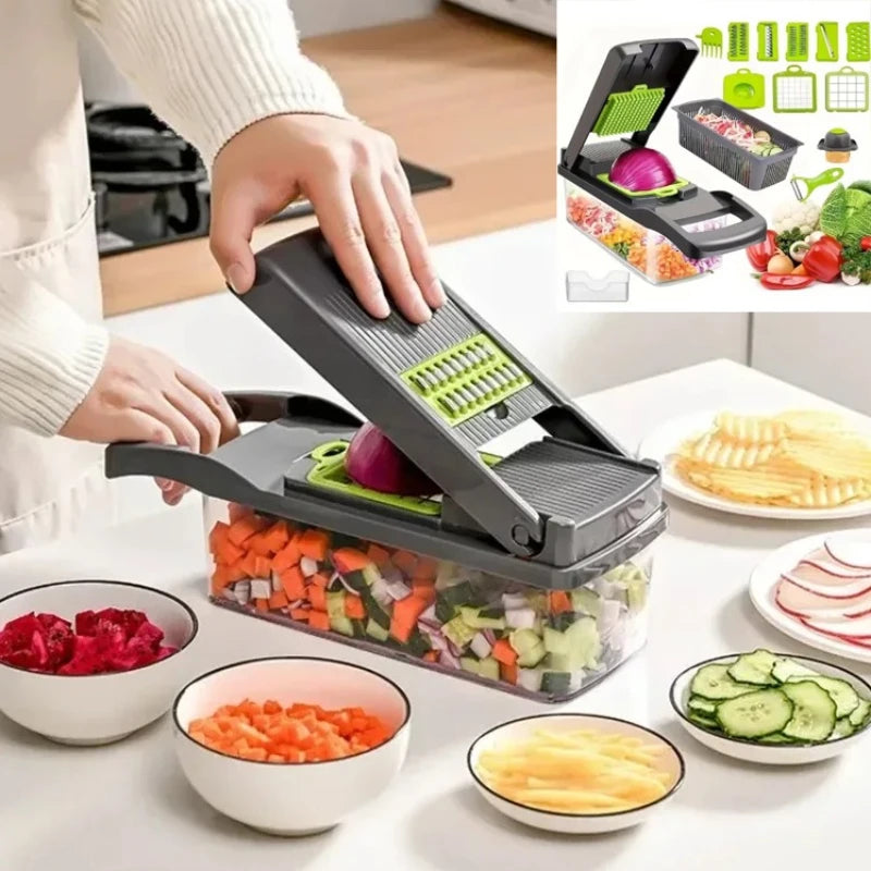 12/22 in 1 Multifunctional Vegetable Cutter Manual Food Chopper Potato Shredder Vegetable Slicer with Container Kitchen Gadget