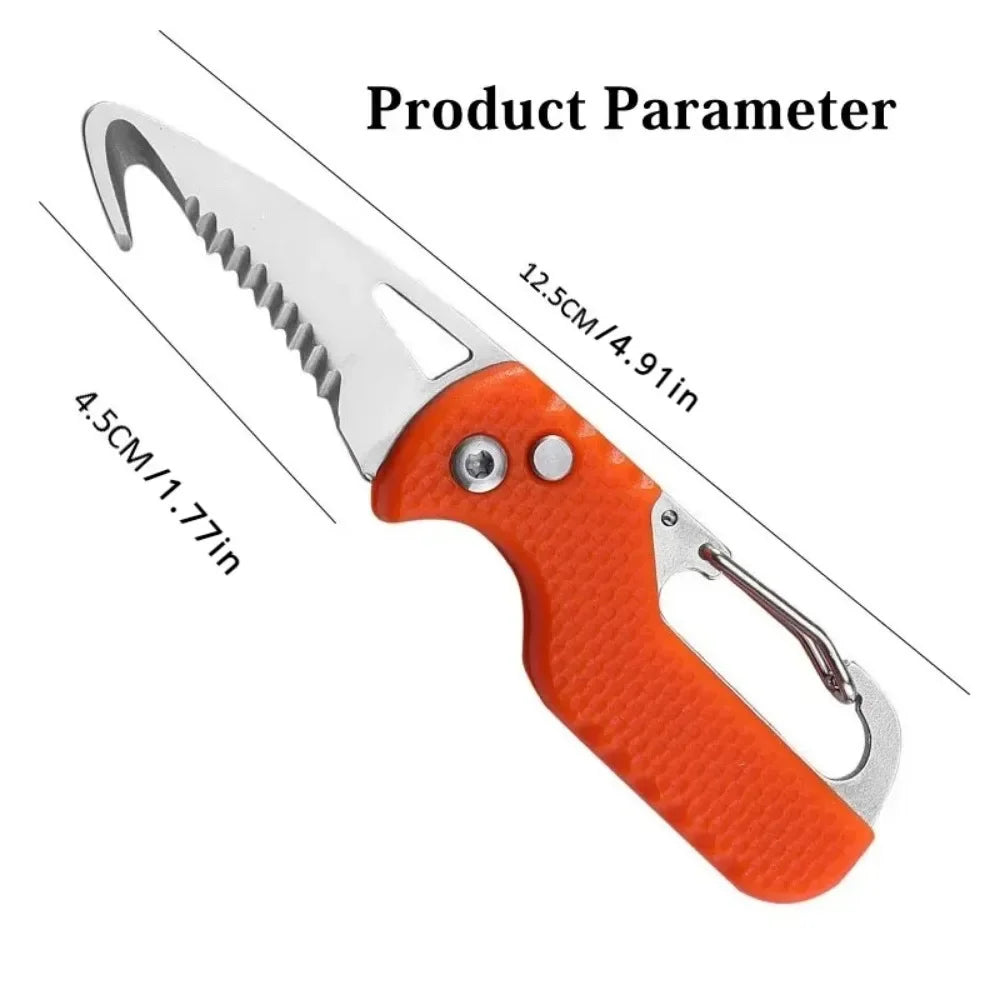 Survival - Stainless Steel Folding Knife w/ Bottle Opener, Serrated Hook & Keychain for Camping/Emergency