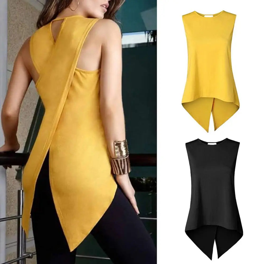 Hot apparel Summer Sexy Women Back Cross Irregular T Shirt Fashion Solid Color Sleeveless Slim Tank Top Vest