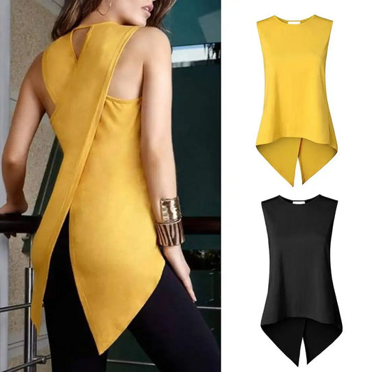 Hot apparel Summer Sexy Women Back Cross Irregular T Shirt Fashion Solid Color Sleeveless Slim Tank Top Vest