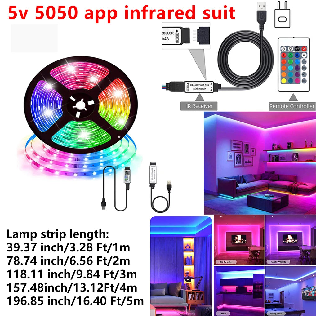 High Brightness 30LED/M RGB USB LED Light 5050 Diode Tape Wireless Bluetooth APP Control LED Strip For Bedroom Kitchen TV Decor