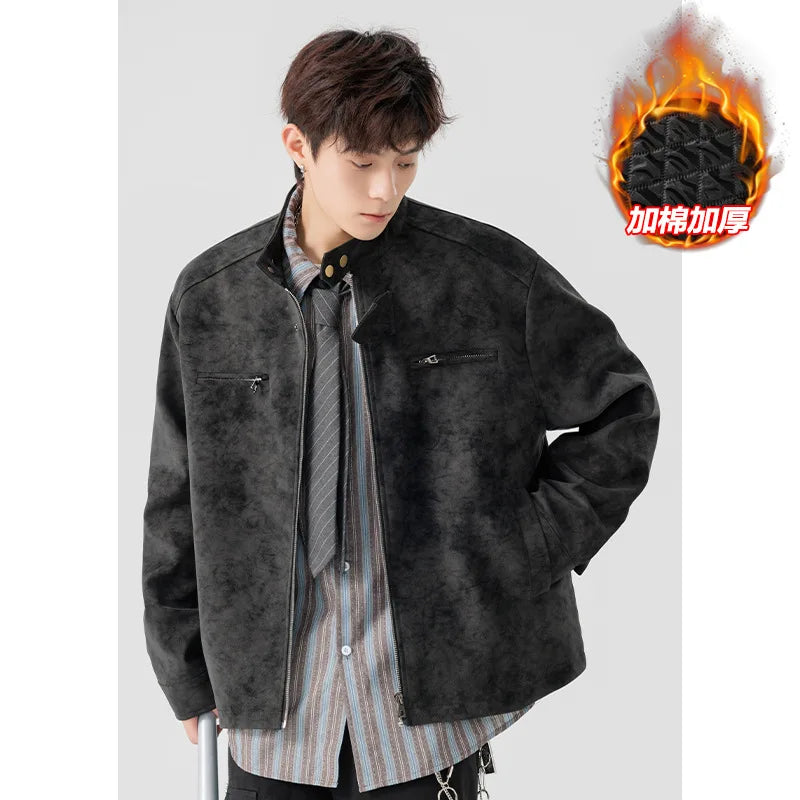 2025 New Winter Autumn Cotton-Padded Casual Leather Jacket Original Tie-Dye Front PU Leather Jacket Pilot Jacket Coat for Men
