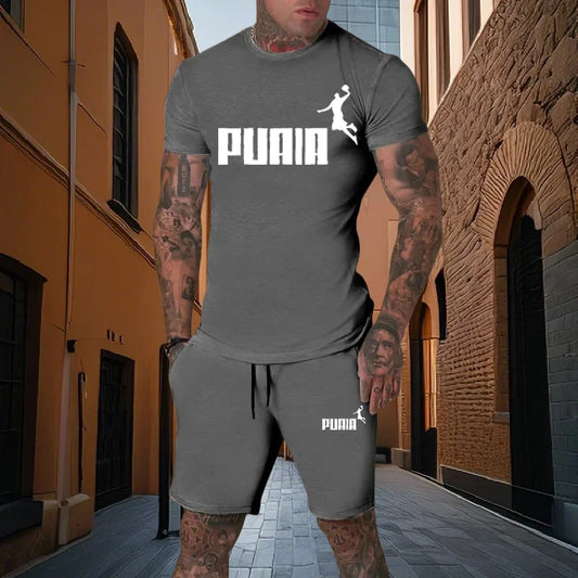 Summer fashion men's two-piece set men's casual sports set printed short sleeved set men's T-shirt+shorts fitness sportswear